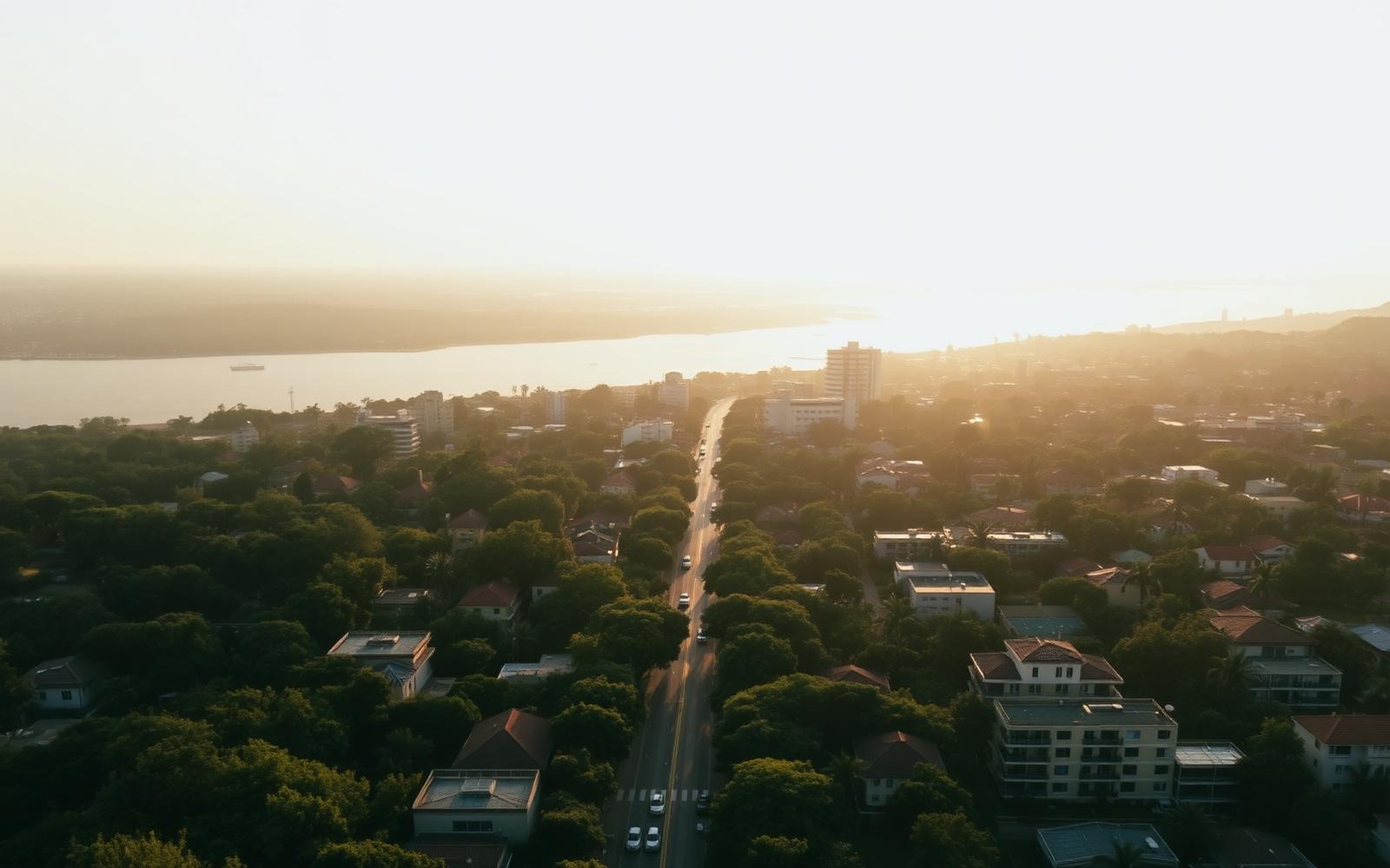Vista aérea da cidade ao entardecer